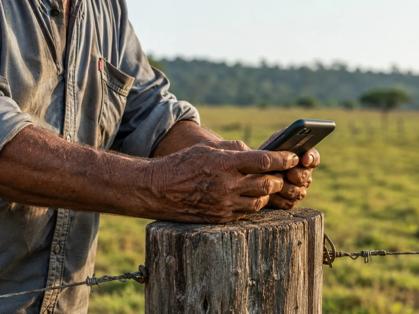 Produtor rural de camisa de trabalho opera o celular apoiado num mourão de cerca de arame farpado, com o pasto ao fundo.